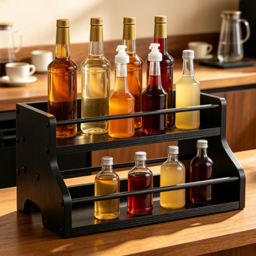 Double-Layer Solid Wood Coffee Syrup & Beverage Condiment Rack