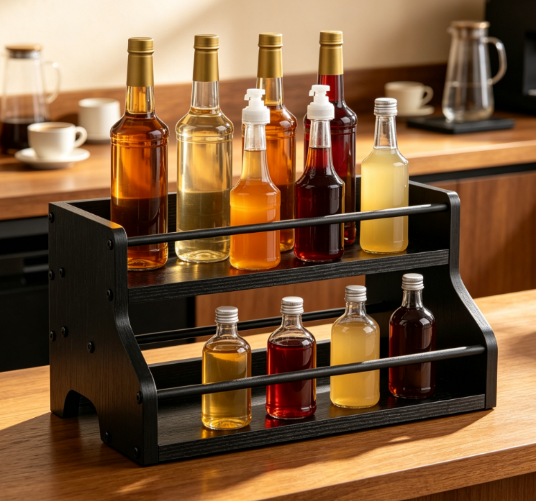 Double-Layer Solid Wood Coffee Syrup & Beverage Condiment Rack