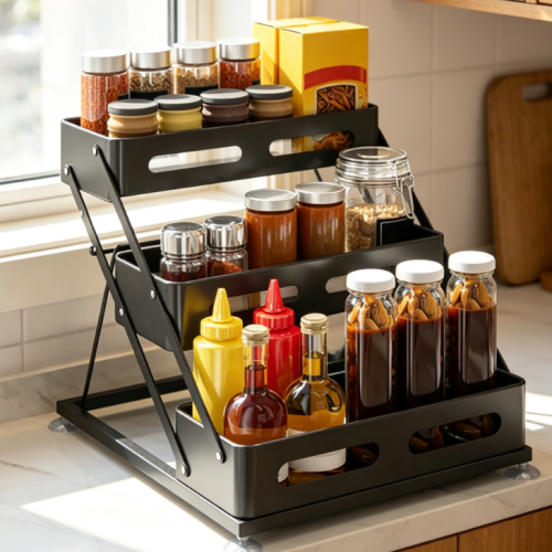 Three-Layer Foldable Iron Kitchen Countertop Condiment Rack