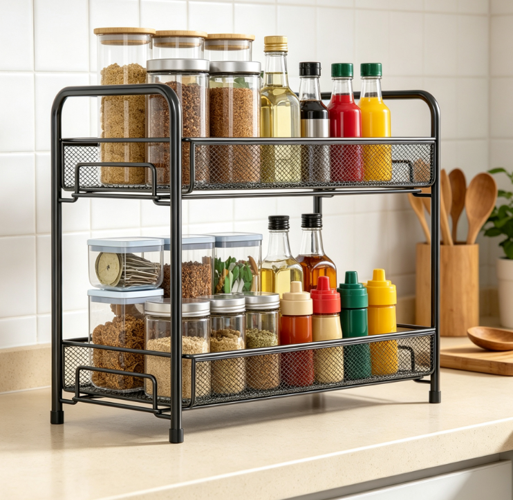 Double-Layer Folding Rust-Proof Metal Guardrail Condiment Rack